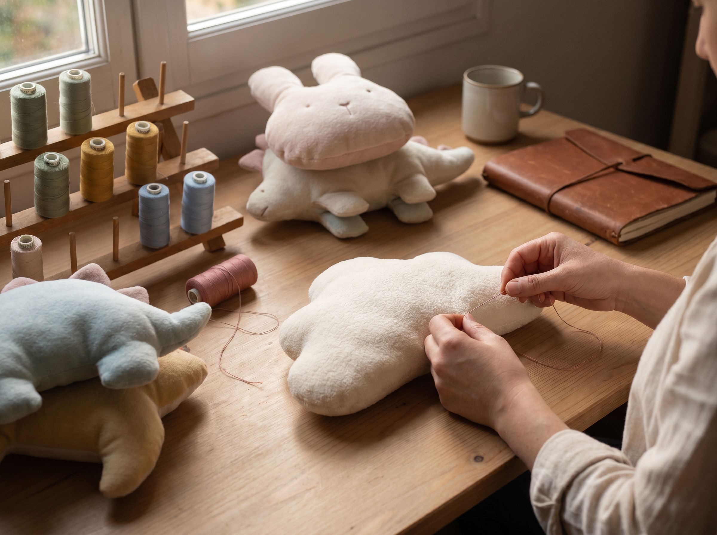 L’atelier — table de couture entourée de tissus pastels