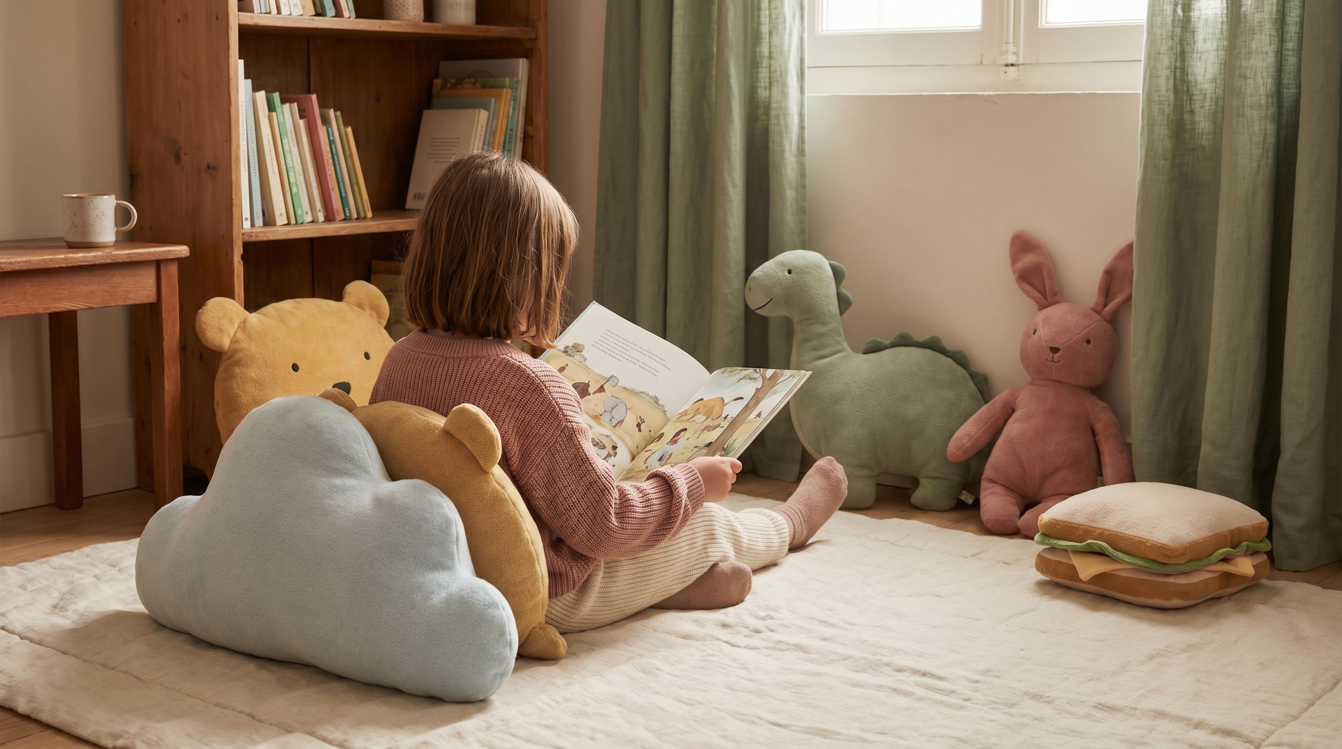 Coin lecture enchanté — enfant blotti dans un coussin nuage parmi une forêt illustrée